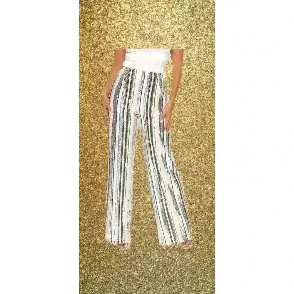 Fashion Nova Hot Stuff Sequin Wide Leg Pants - Silver Size Large‎ (0156)